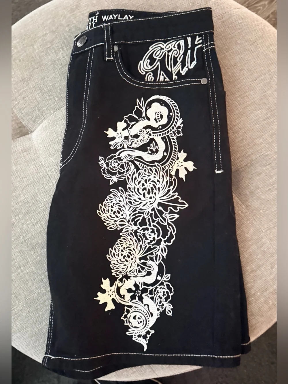 Men's Black Jean Shorts with White Floral Print